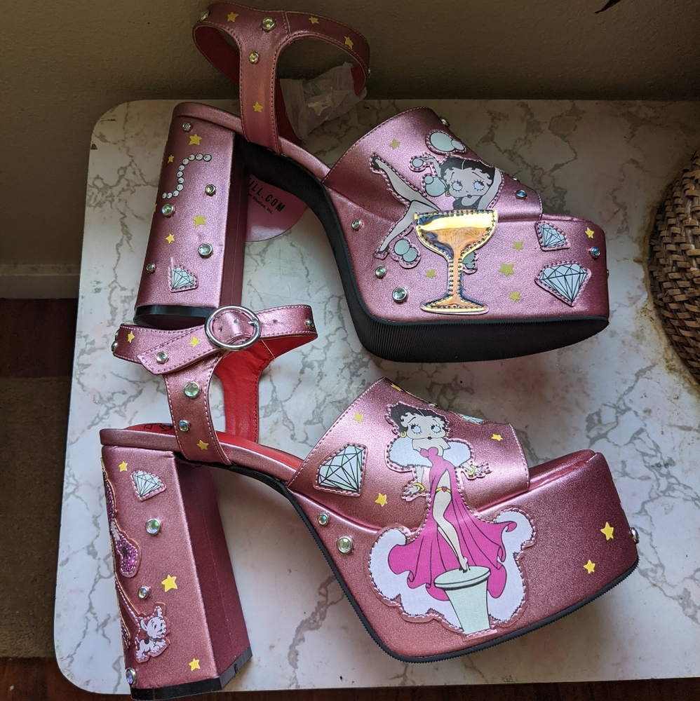 Betty boop designer satin platforms with rhinestones and embroidery